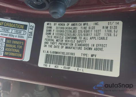 2014 Honda Cr-V Ex-L z USA, uszkodzony, nr VIN 5J6RM4H7XEL097695